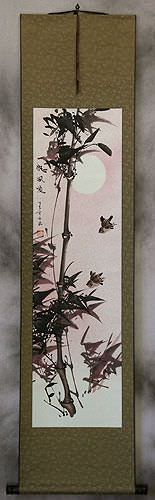 Black Ink Bamboo and Birds Wall Scroll