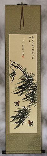 Chinese Black Ink Bamboo and Birds Wall Scroll