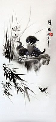 Kittens and Butterfly Charcoal Drawing