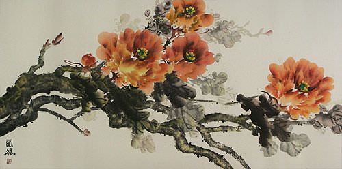 Large Asian Peony Flowers Painting
