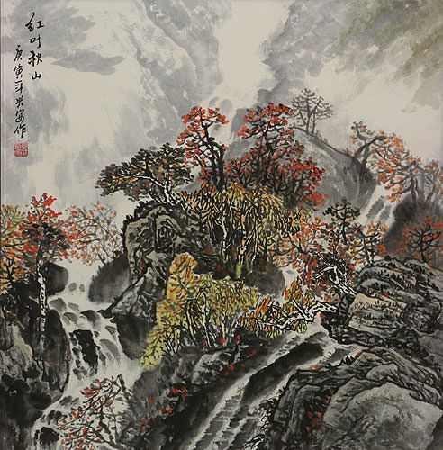 Red Leaves Autumn Mountain Landscape Painting