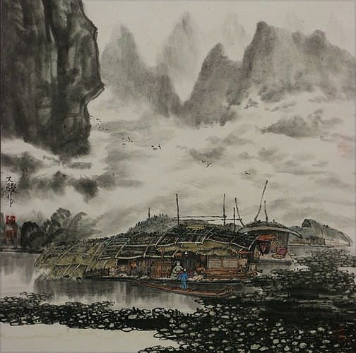 Chinese River Boat Home - Landscape Painting