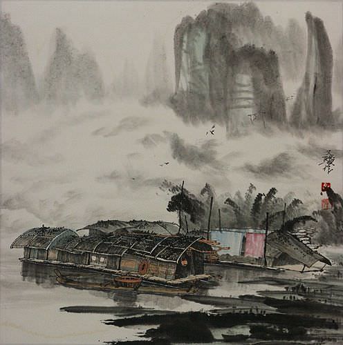 Chinese River Boat Landscape Painting
