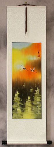 Cranes Taking Flight in Autumn - Small Wall Scroll