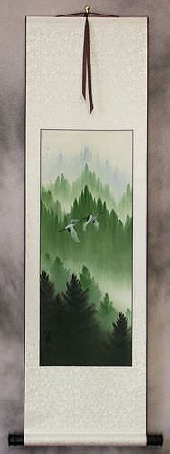 Colorful Asian Cranes Wall Scroll