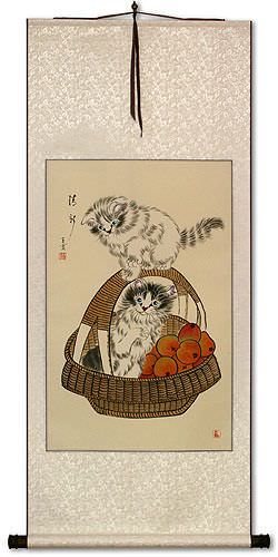 New and Fresh Kittens in a Basket Wall Scroll
