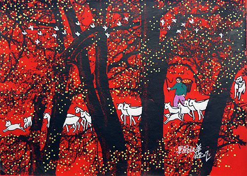 Grazing Sheep in the Orchard - Chinese Folk Art Painting