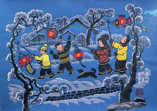 Paper Lanterns Greet the Springtime - Chinese Folk Art Painting