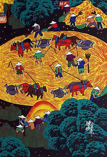 Husking Rice - Chinese Peasant Folk Art Painting