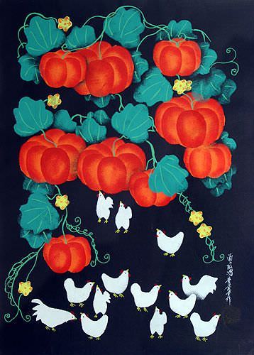 Chickens and Pumpkins Folk Art Painting