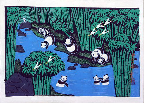 Pandas in Southern China Bamboo Forest - Folk Art