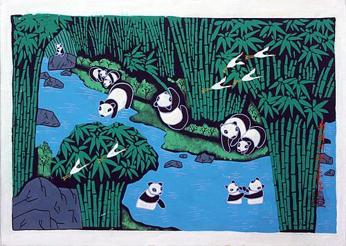 Pandas in Southern China Bamboo Forest - Folk Art