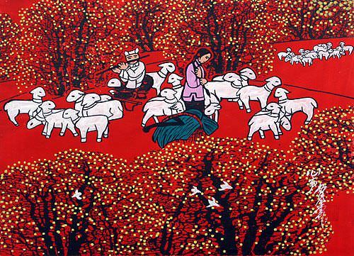Heartfelt Words - Sheep Couple - Chinese Folk Art Painting