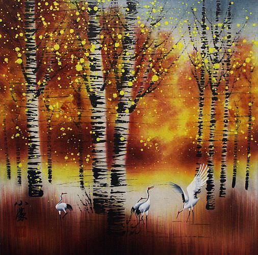 Autumn in Birch Forest - Asian Cranes Landscape Painting