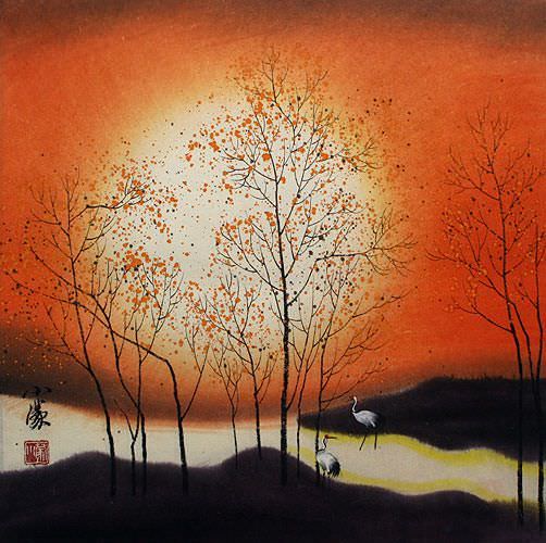 Sounds of Autumn Cranes Fantasy Landscape Painting