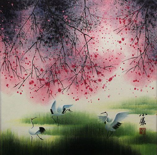 Four Seasons Cranes Chinese Watercolor Painting
