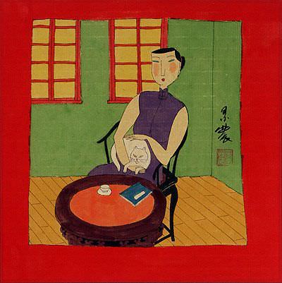 Asian Woman and Cat - Modern Chinese Art Painting