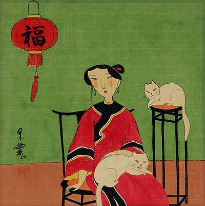 Asian Woman and Cats - Modern Art Painting