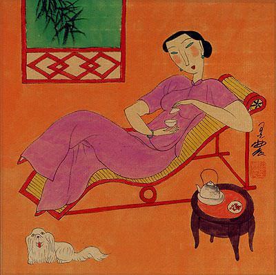 Asian Woman and Dog - Modern Art Painting