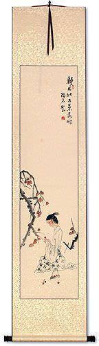 Beautiful Asian Woman Picking Fruit Wall Scroll