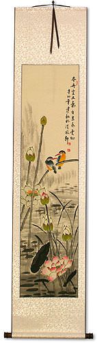 Kingfisher Birds Above the Lotus Pond - Wall Scroll