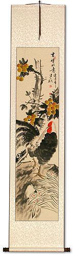 Good Luck Rooster and Lychee Wall Scroll