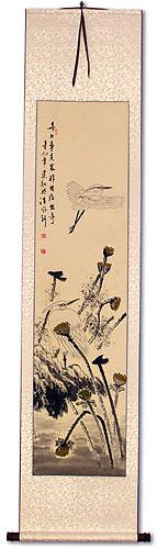 Egret Bird and Lotus Flower Wall Scroll