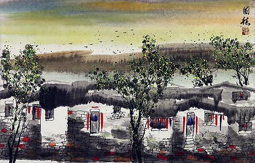 Birds Over Suzhou - Chinese Water Village Painting
