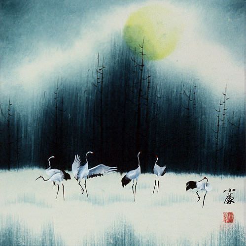 Colorful Asian Cranes Painting