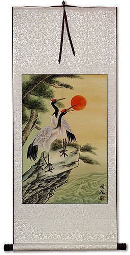 Antique-Style Asian Cranes Wall Scroll