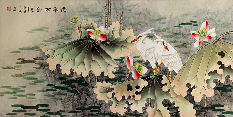 lotus and birds chinese flower painting