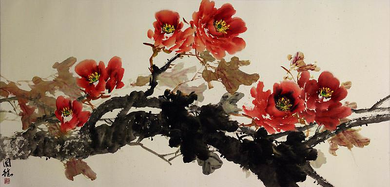 Large Asian Peony Flowers Painting - Chinese Art