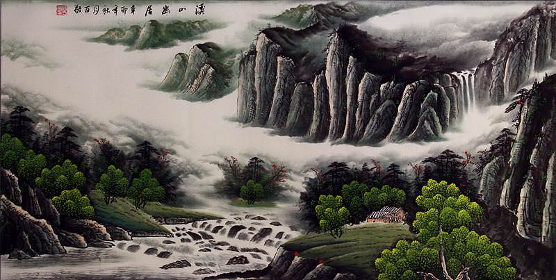 Secluded Home - Waterfall Mountain and River Landscape Painting
