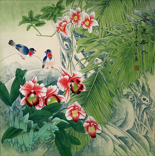 Spring Abundance - Birds and Flowers - Elegant Large Painting