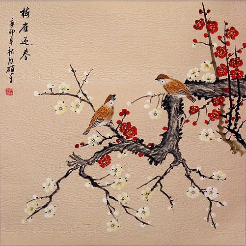 Sparrows and Plum Blossoms Welcome the Spring - Chinese Painting