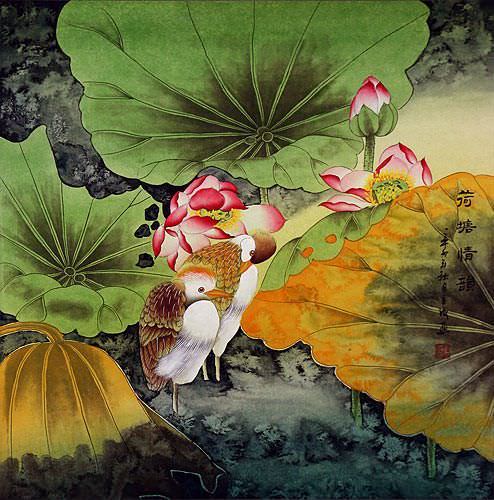 Egrets in the Lotus Pond - Elegant Large Painting