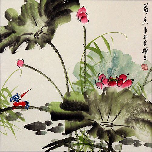 Chinese Bird and Lotus Flower Painting