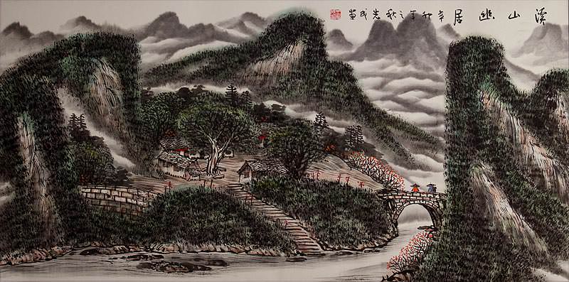 River Village Bridge Scene - Chinese Landscape Painting