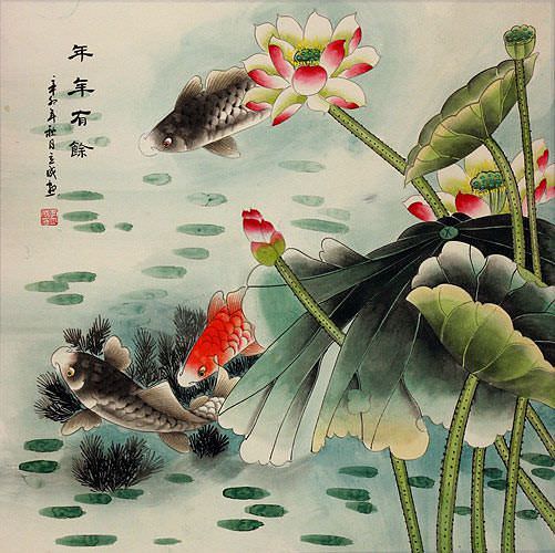 Large Fish and Lotus Flowers Painting