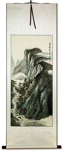 Chinese Mountain River Village Waterfall Landscape Wall Scroll
