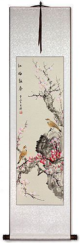 Chinese Birds and Plum Blossom Painting Wall Scroll