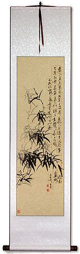 Black Ink Orchid Flower and Poem Wall Scroll
