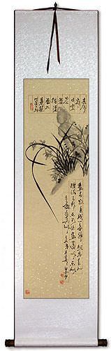 Black Ink Orchid Flower and Poem Wall Scroll