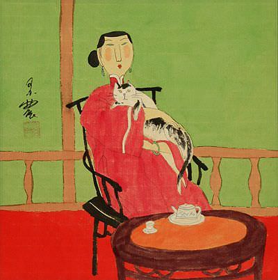 Asian Woman with Cat - Chinese Modern Art Painting