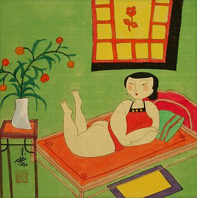 Sexy Chinese Woman on Bed - Modern Art Painting