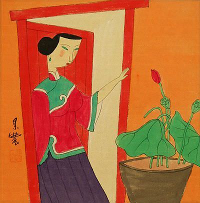 Asian Woman and Lotus Flowers - Modern Art Painting