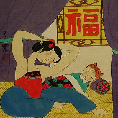 Chinese Mother and Baby Boy - Modern Art Painting