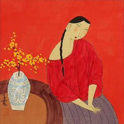 Woman and Plum Blossom Vase - Modern Art Painting