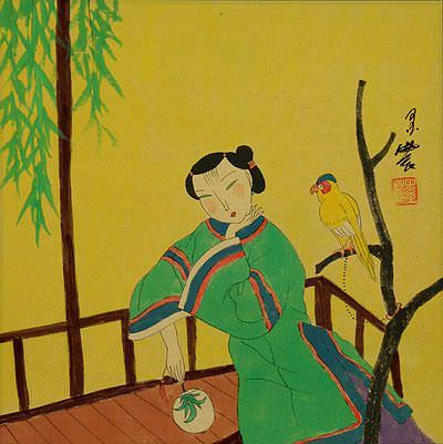 Woman and Parrot - Chinese Modern Art Painting