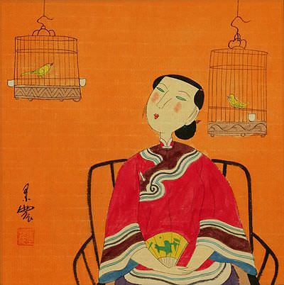 Woman and Bird Cages - Modern Art Painting